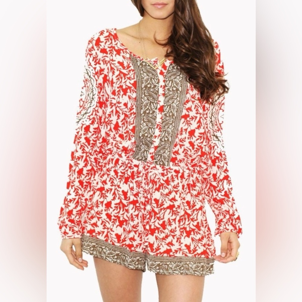 Free People Gardenia red white floral romper long sleeve lightweight bohemian S‎